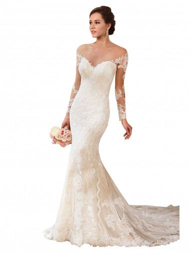 Chapel Train Long Sleeves Lace Ivory Mermaid Wedding Gowns Newcastle