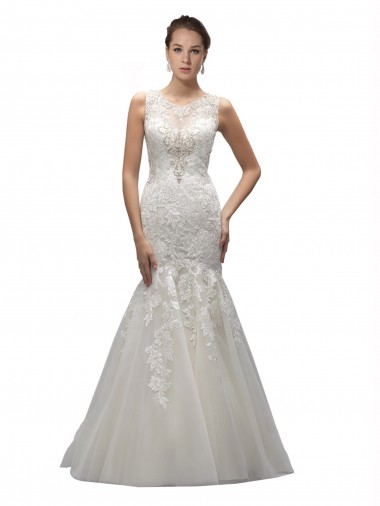 Sweep Train Sleeveless Tulle & Lace Ivory Mermaid Wedding Dress Newcastle
