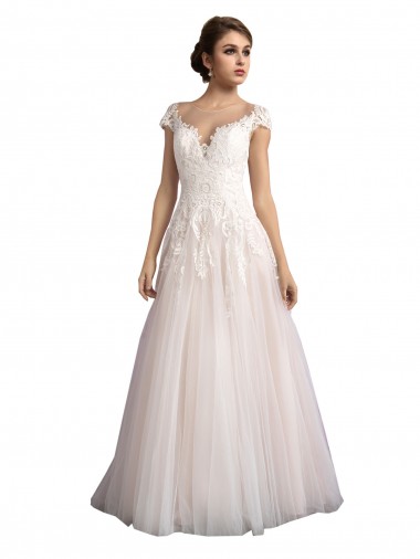Cathedral Train Cap Sleeves Tulle & Lace Ivory & Champagne A-Line Beach Wedding Dress Newcastle