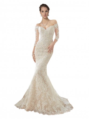 Chapel Train Long Sleeves Tulle & Lace Ivory & Champagne Mermaid Wedding Dress Newcastle