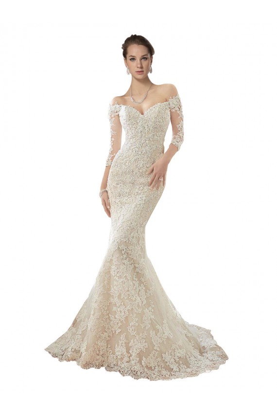 Chapel Train Long Sleeves Tulle & Lace Ivory & Champagne Mermaid Wedding Dress Newcastle
