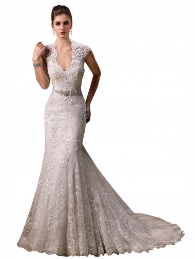 Chapel Train Cap Sleeves Lace Ivory Mermaid Wedding Dresses Newcastle