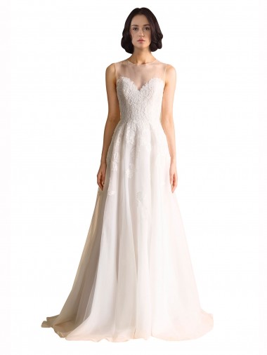 Chapel Train Sleeveless Tulle Ivory Illusion Neck A-Line Wedding Dress Newcastle