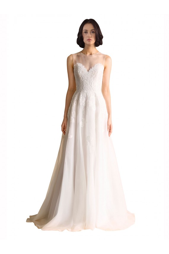 Chapel Train Sleeveless Tulle Ivory Illusion Neck A-Line Wedding Dress Newcastle