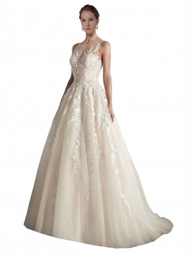 Chapel Train Sleeveless Tulle Ivory & Champagne Illusion Neck A-Line Wedding Dress Newcastle
