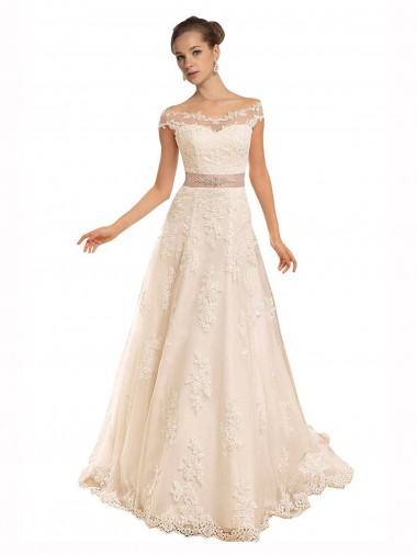 Chapel Train Sleeveless Lace Ivory A-Line Beach Wedding Dress Newcastle
