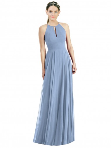 Long Sleeveless Soft Chiffon Dusty Blue Halter Neck A-Line Semi Formal Evening Dress / Bridesmaid Dress Newcastle