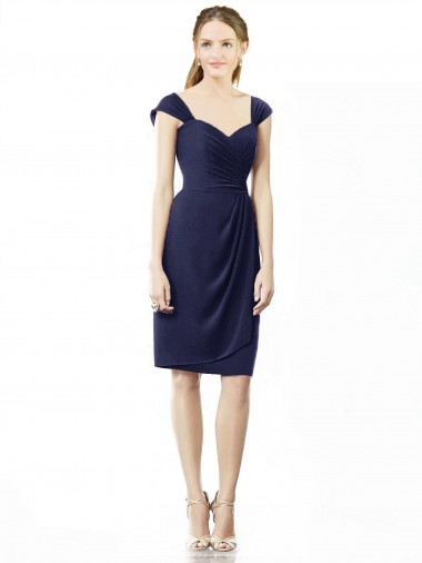 Knee Length Cap Sleeves Soft Chiffon Dark Navy Sheath Bridesmaid Dress Newcastle