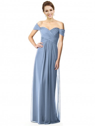Long Cap Sleeves Soft Chiffon Dusty Blue A-Line Bridesmaid Dress Newcastle