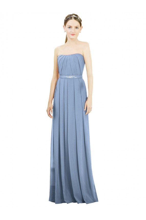Long Sleeveless Soft Chiffon Dusty Blue Strapless A-Line Bridesmaid Dress Newcastle