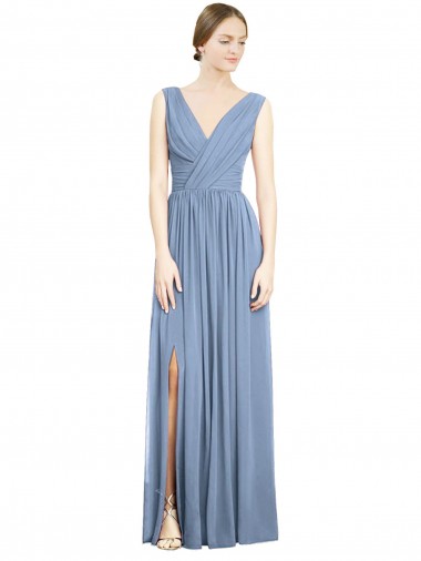 Long Sleeveless Soft Chiffon Dusty Blue A-Line Semi Formal Evening Dress / Bridesmaid Dress Newcastle