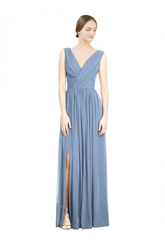 Long Sleeveless Soft Chiffon Dusty Blue A-Line Semi Formal Evening Dress / Bridesmaid Dress Newcastle