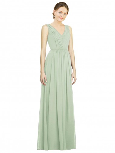 Long Sleeveless Soft Chiffon Sage V-Neck A-Line Bridesmaid Dress Newcastle