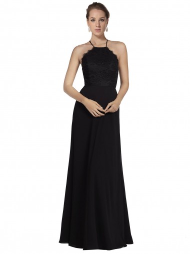 Long Sleeveless Soft Chiffon & Lace Black A-Line Bridesmaid Gown Newcastle