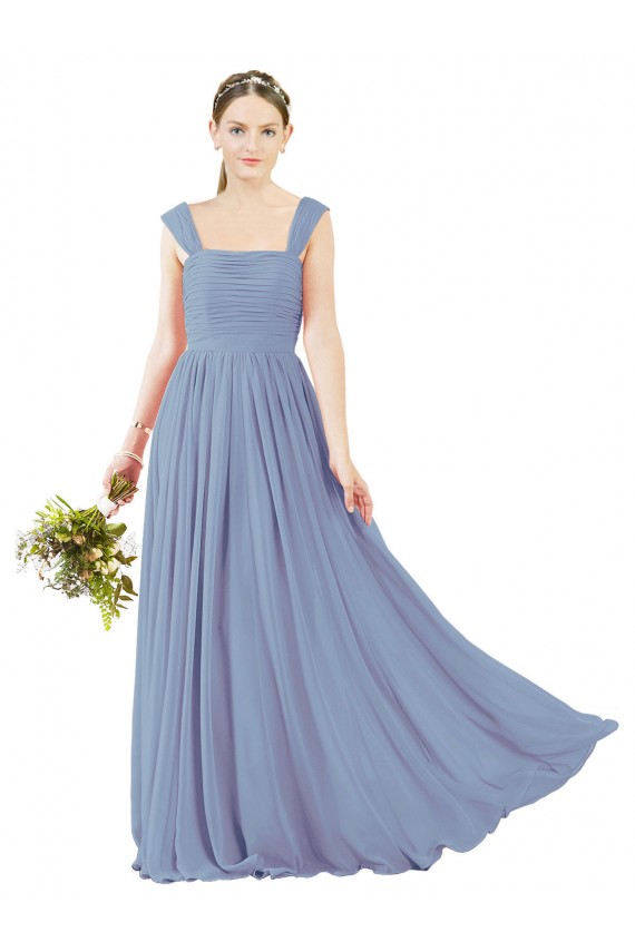 Long Sleeveless Soft Chiffon Dusty Blue Square Neck A-Line Bridesmaid Dress Newcastle