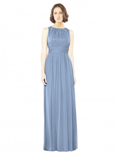 Long Sleeveless Soft Chiffon Dusty Blue Bateau Neck A-Line Bridesmaid Dress Newcastle