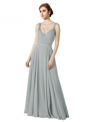 Long Sleeveless Chiffon Silver V-Neck A-Line Bridesmaid Dress / Evening Dress Newcastle