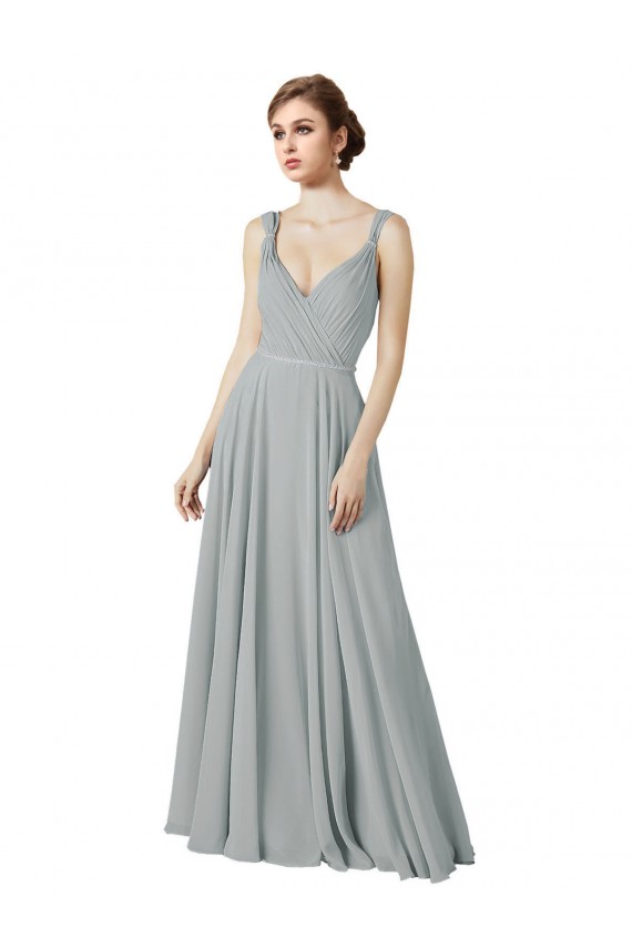 Long Sleeveless Chiffon Silver V-Neck A-Line Bridesmaid Dress / Evening Dress Newcastle