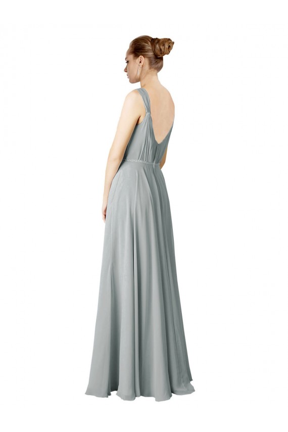 Long Sleeveless Chiffon Silver V-Neck A-Line Bridesmaid Dress / Evening Dress Newcastle
