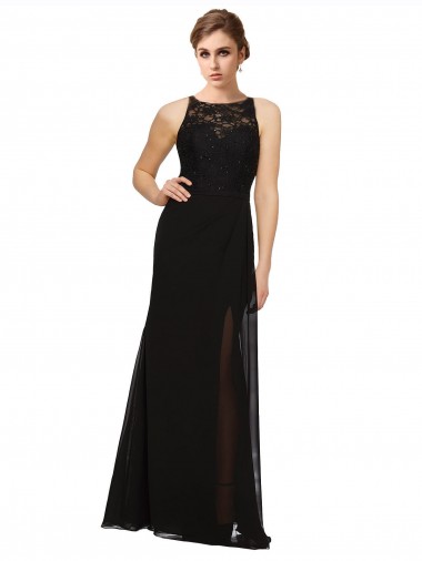 Long Sleeveless Soft Chiffon & Lace Black Sheath Bridesmaid Dress Newcastle