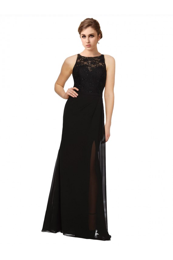 Long Sleeveless Soft Chiffon & Lace Black Sheath Bridesmaid Dress Newcastle