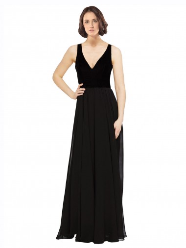 Long Sleeveless Soft Chiffon & Velvet Black A-Line Prom Dress / Bridesmaid Dress Newcastle