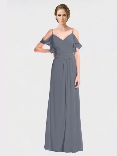 Long Flutter Sleeves Soft Chiffon Slate Grey A-Line Bridesmaid Dress Newcastle