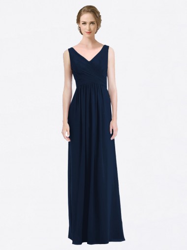 Long Sleeveless Soft Chiffon Dark Navy V-Neck A-Line Evening Gowns / Bridesmaid Dress Newcastle