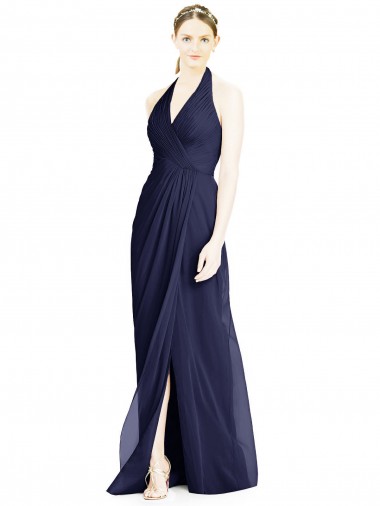 Long Sleeveless Soft Chiffon Dark Navy Halter Neck A-Line Formal Dress / Bridesmaid Dress Newcastle