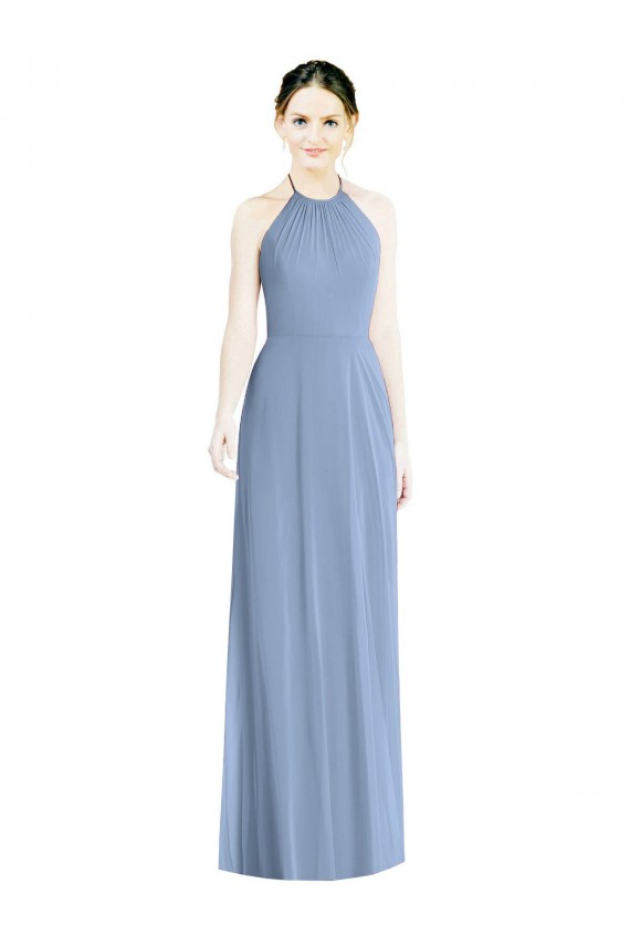 Long Floor Length Sleeveless Chiffon Dusty Blue Halter Neck A-Line Bridesmaid Dress Newcastle