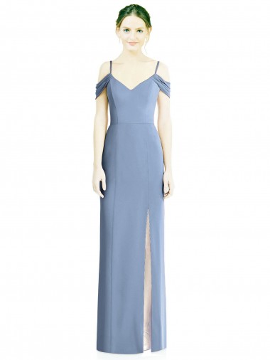 Long Cold Shoulder Soft Chiffon Dusty Blue A-Line Formal Evening Gown / Bridesmaid Dress Newcastle