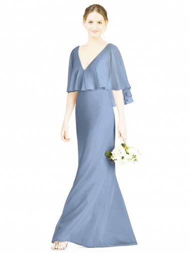 Long Sleeveless Soft Chiffon Dusty Blue V-Neck Trumpet Bridesmaid Dress Newcastle