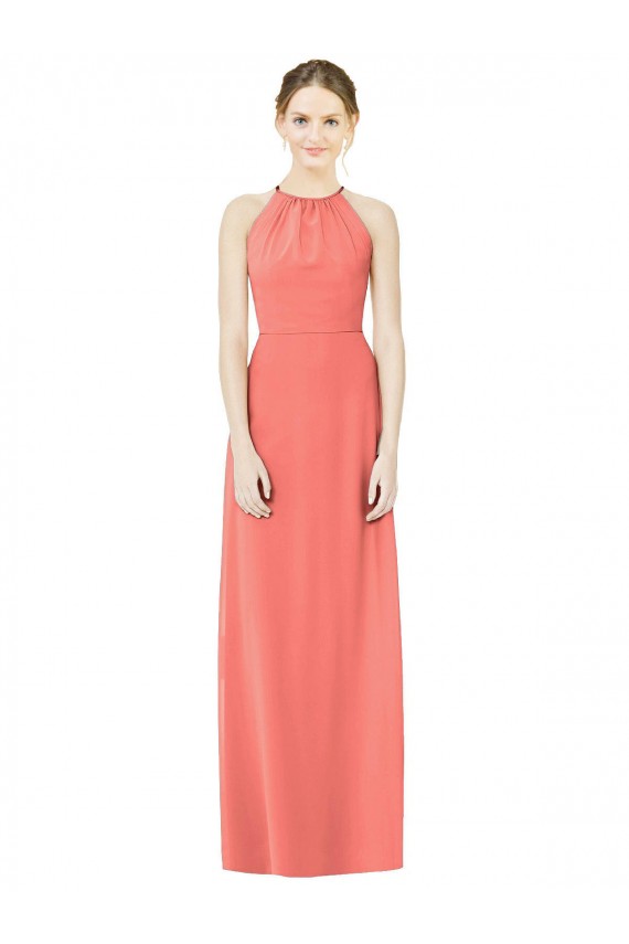Long Sleeveless Soft Chiffon Coral Halter Neck A-Line Bridesmaid Dress Newcastle