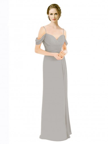 Long Cold Shoulder Soft Chiffon & Lace Silver A-Line Bridesmaid Dress Newcastle