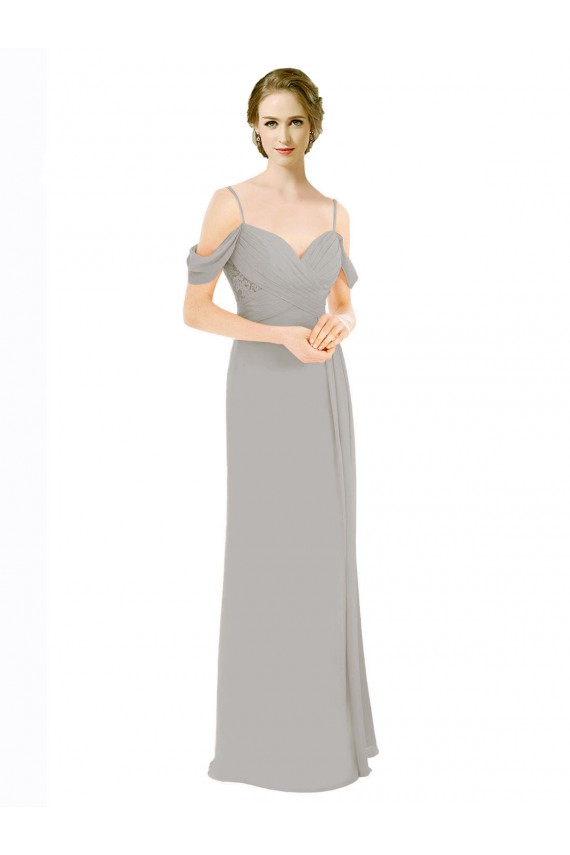 Long Cold Shoulder Soft Chiffon & Lace Silver A-Line Bridesmaid Dress Newcastle
