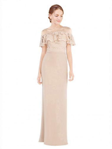 Long Sleeveless Soft Chiffon & Lace Champagne Off the Shoulder A-Line Prom Dress / Bridesmaid Dress Newcastle