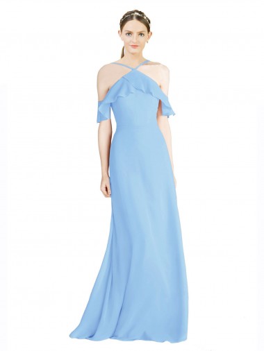 Long Cold Shoulder Soft Chiffon Periwinkle A-Line Formal Dress / Bridesmaid Dress Newcastle