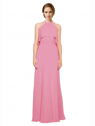 Long Sleeveless Soft Chiffon Skin Pink Halter Neck A-Line Bridesmaid Dress Newcastle
