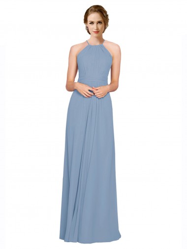 Long Sleeveless Chiffon Dusty Blue Halter Neck A-Line Bridesmaid Dress / Evening Dress Newcastle