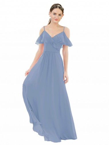 Long Cap Sleeves Lxue Chiffon Dusty Blue A-Line Bridesmaid Dress Newcastle