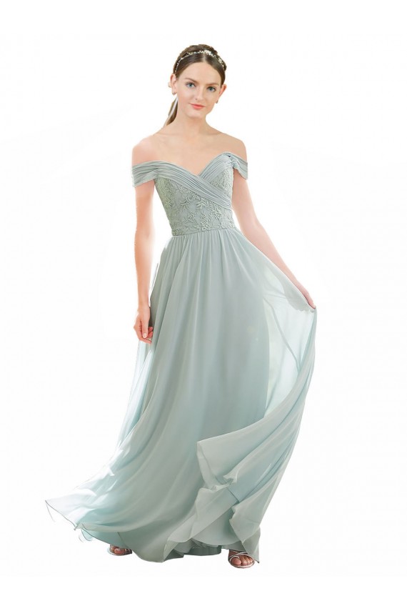 Long Cap Sleeves Soft Chiffon & Lace Sea Glass A-Line Bridesmaid Dress Newcastle