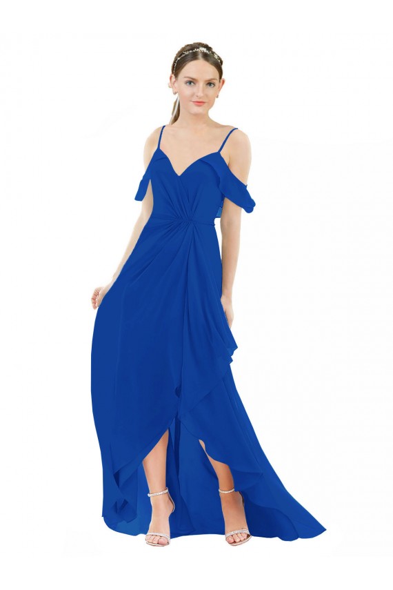 Long Cold Shoulder Soft Chiffon Royal Blue A-Line High Low Bridesmaid Dress Newcastle