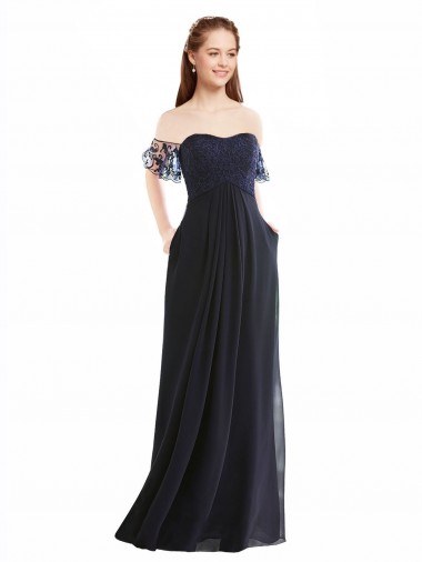 Long Cap Sleeves Soft Chiffon & Lace Dark Navy A-Line Formal Dress / Bridesmaid Dress Newcastle