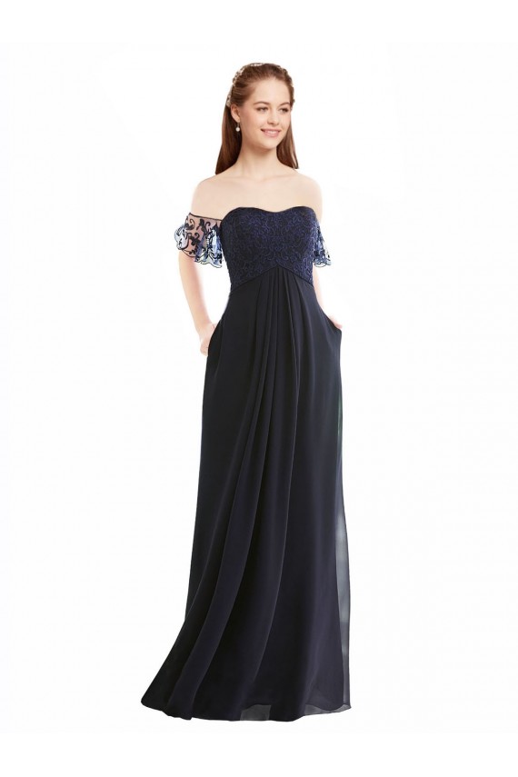 Long Cap Sleeves Soft Chiffon & Lace Dark Navy A-Line Formal Dress / Bridesmaid Dress Newcastle