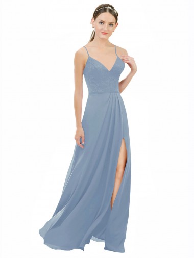 Long Sleeveless Soft Chiffon & Lace Dusty Blue A-Line Bridesmaid Dress Newcastle