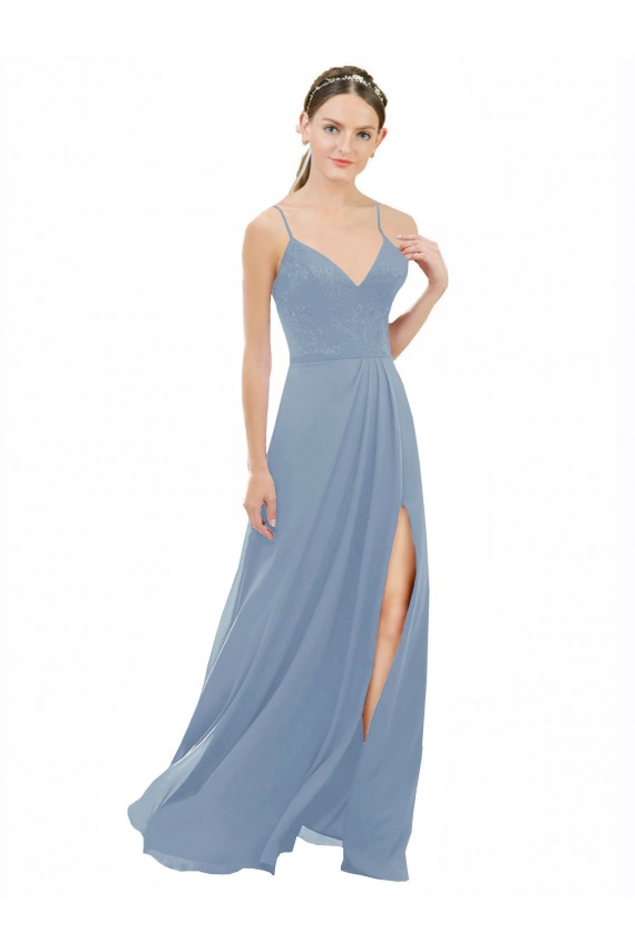 Long Sleeveless Soft Chiffon & Lace Dusty Blue A-Line Bridesmaid Dress Newcastle