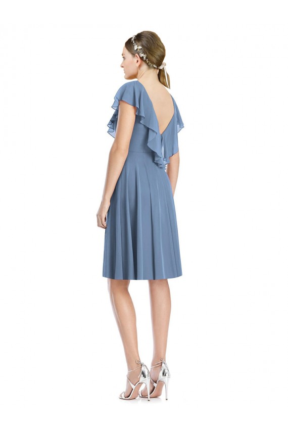 Cocktail Length Cap Sleeves Soft Chiffon Dusty Blue A-Line Bridesmaid Dress Newcastle