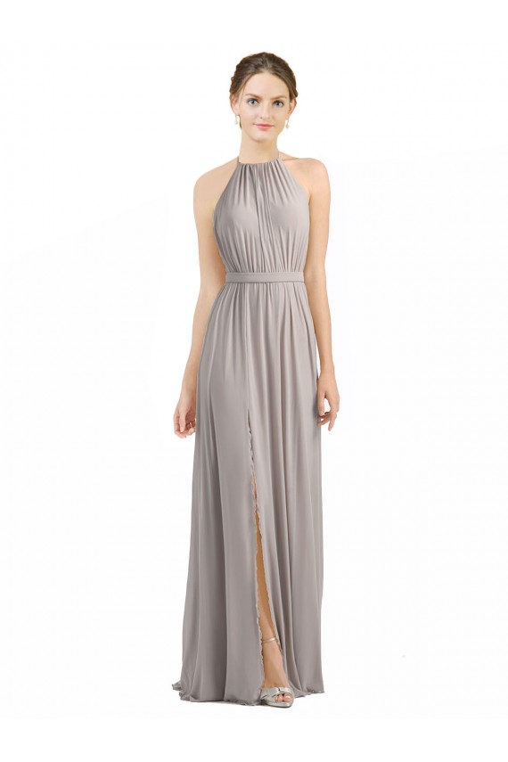 Long Sleeveless Soft Chiffon Oyster Silver Halter Neck A-Line Bridesmaid Dress Newcastle