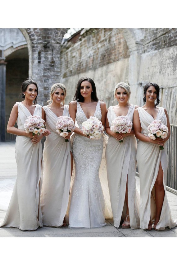 Long Sleeveless Soft Chiffon Champagne A-Line Bridesmaid Dress Newcastle