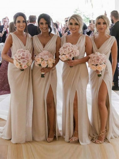 Long Sleeveless Soft Chiffon Champagne A-Line Bridesmaid Dress Newcastle